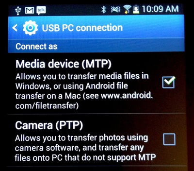 Samsung Galaxy Camera USB Connection Options